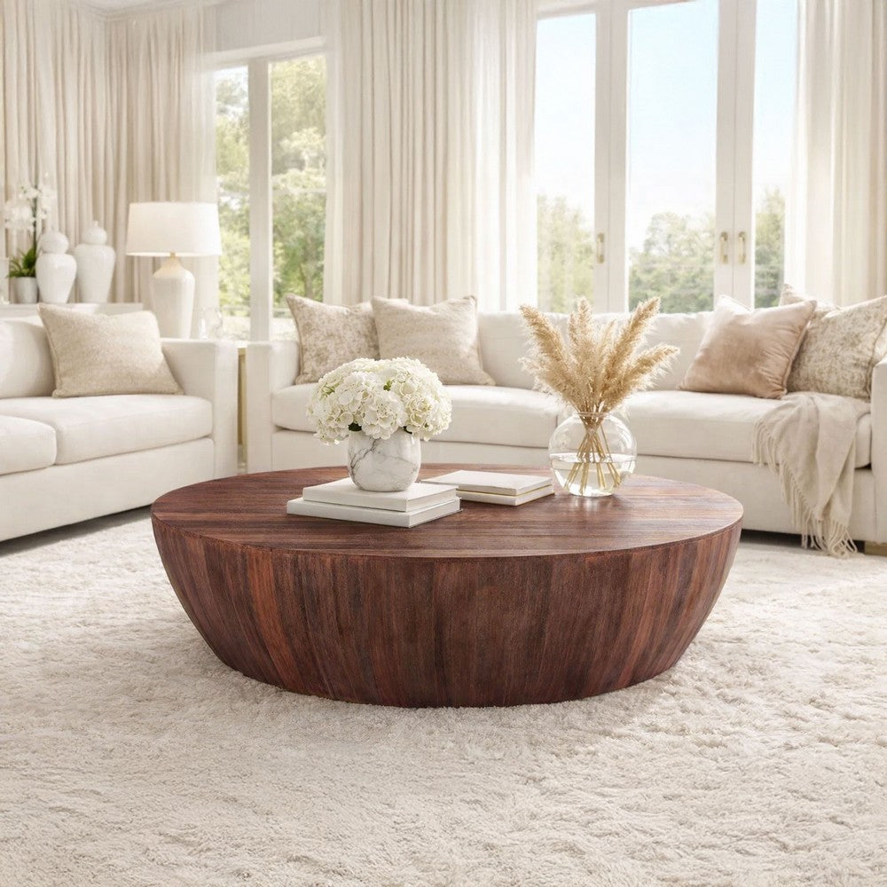 The Urban Port Arthur Handcarved 48 Inch Drum Shape Round Top Mango Wood Distressed Wooden Coffee Table, Brown
