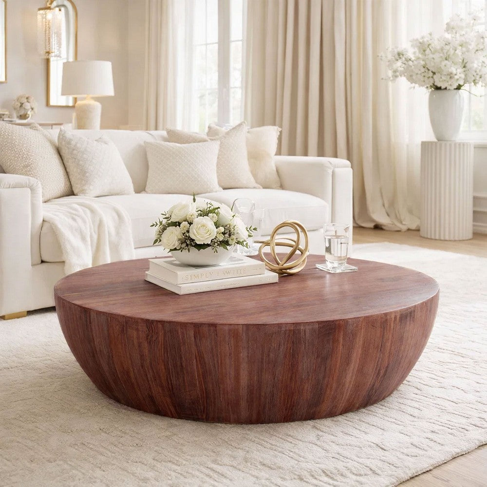 The Urban Port Arthur Handcarved 48 Inch Drum Shape Round Top Mango Wood Distressed Wooden Coffee Table, Brown