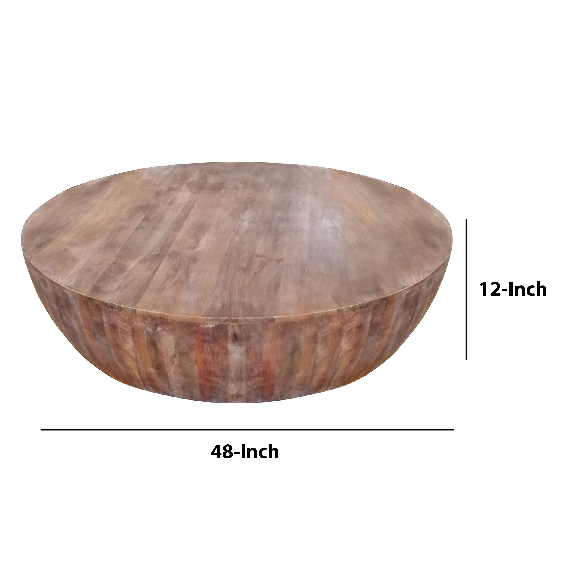 The Urban Port Arthur Handcarved 48 Inch Drum Shape Round Top Mango Wood Distressed Wooden Coffee Table, Brown