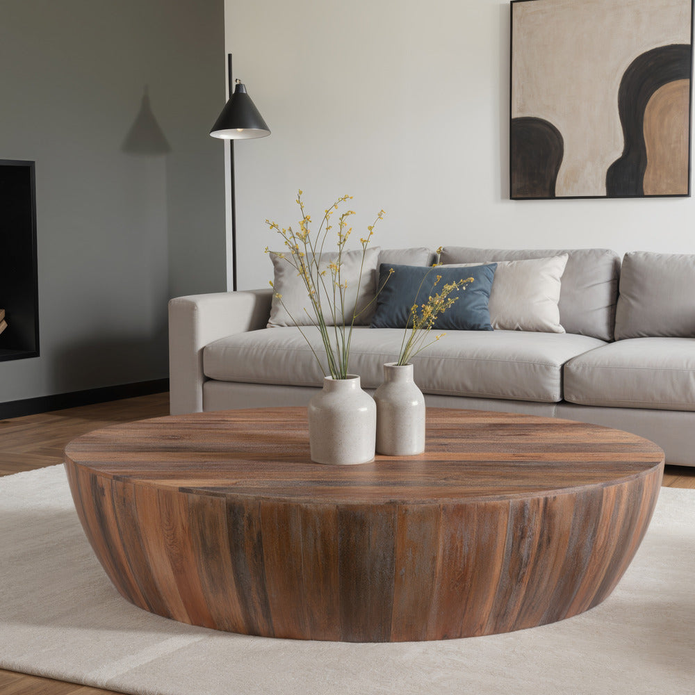 The Urban Port Arthur Handcarved 48 Inch Drum Shape Round Top Mango Wood Distressed Wooden Coffee Table, Brown
