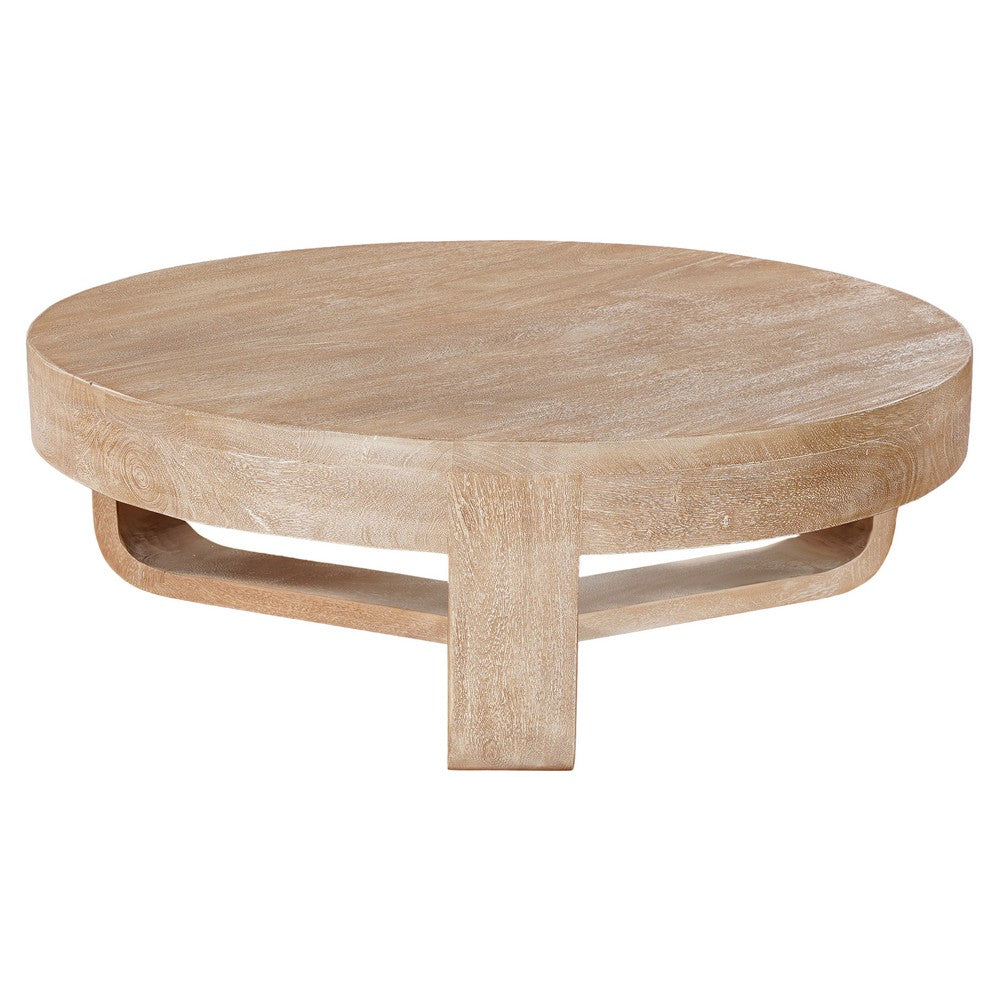 The Urban Port Milan Coffee Table, 32 Inch Round Top, Mango Wood with Sandblasted Natural Brown, Open Sled Base