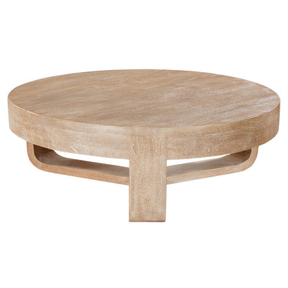 The Urban Port Milan Coffee Table, 32 Inch Round Top, Mango Wood with Sandblasted Natural Brown, Open Sled Base