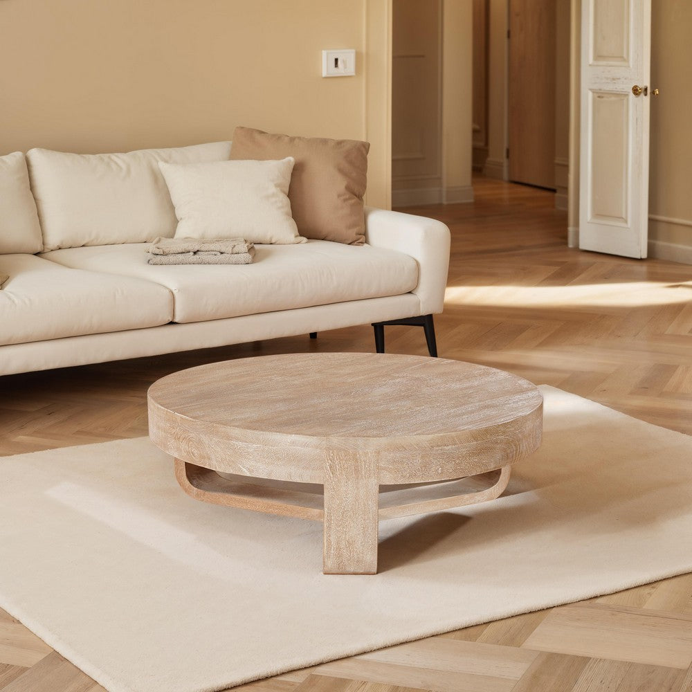 The Urban Port Milan Coffee Table, 32 Inch Round Top, Mango Wood with Sandblasted Natural Brown, Open Sled Base