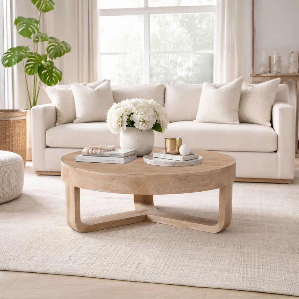 The Urban Port Milan Coffee Table, 32 Inch Round Top, Mango Wood with Sandblasted Natural Brown, Open Sled Base