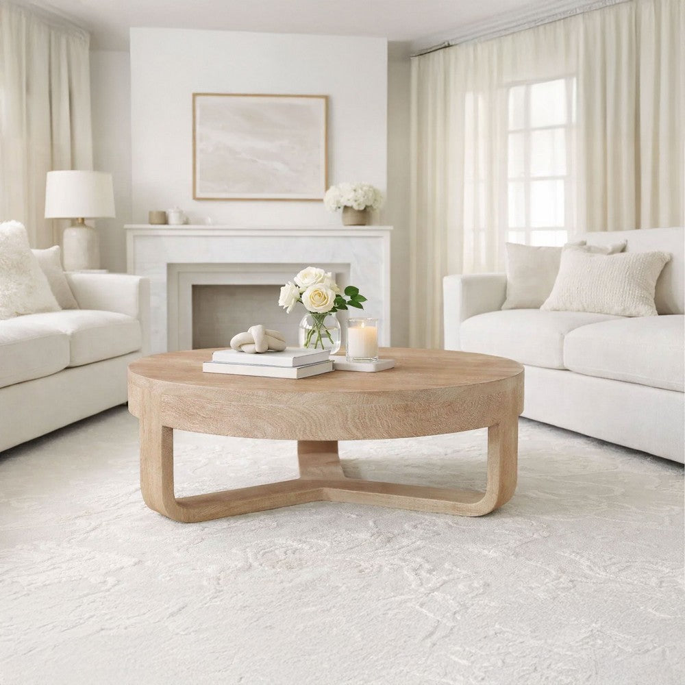 The Urban Port Milan Coffee Table, 32 Inch Round Top, Mango Wood with Sandblasted Natural Brown, Open Sled Base
