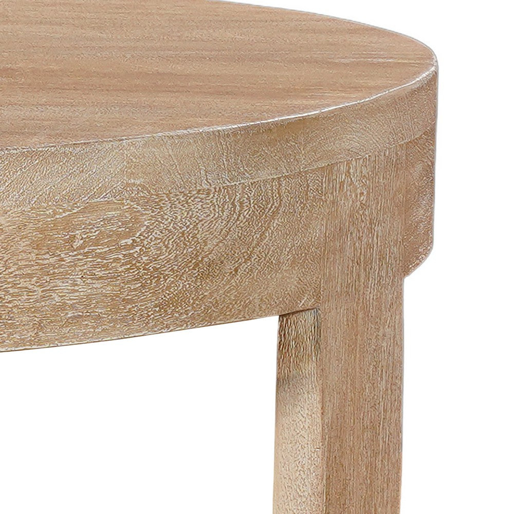 The Urban Port Milan Coffee Table, 32 Inch Round Top, Mango Wood with Sandblasted Natural Brown, Open Sled Base