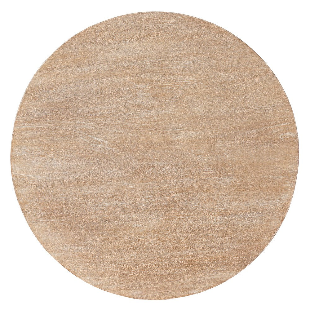 The Urban Port Milan Coffee Table, 32 Inch Round Top, Mango Wood with Sandblasted Natural Brown, Open Sled Base