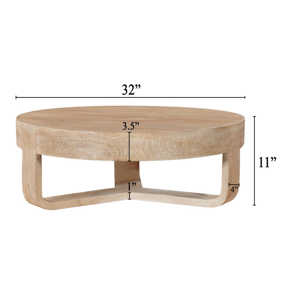 The Urban Port Milan Coffee Table, 32 Inch Round Top, Mango Wood with Sandblasted Natural Brown, Open Sled Base