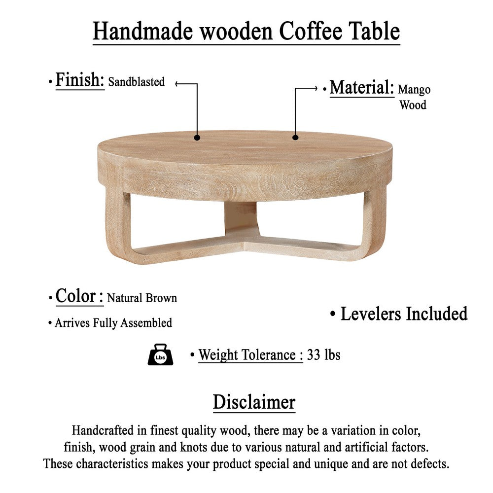 The Urban Port Milan Coffee Table, 32 Inch Round Top, Mango Wood with Sandblasted Natural Brown, Open Sled Base