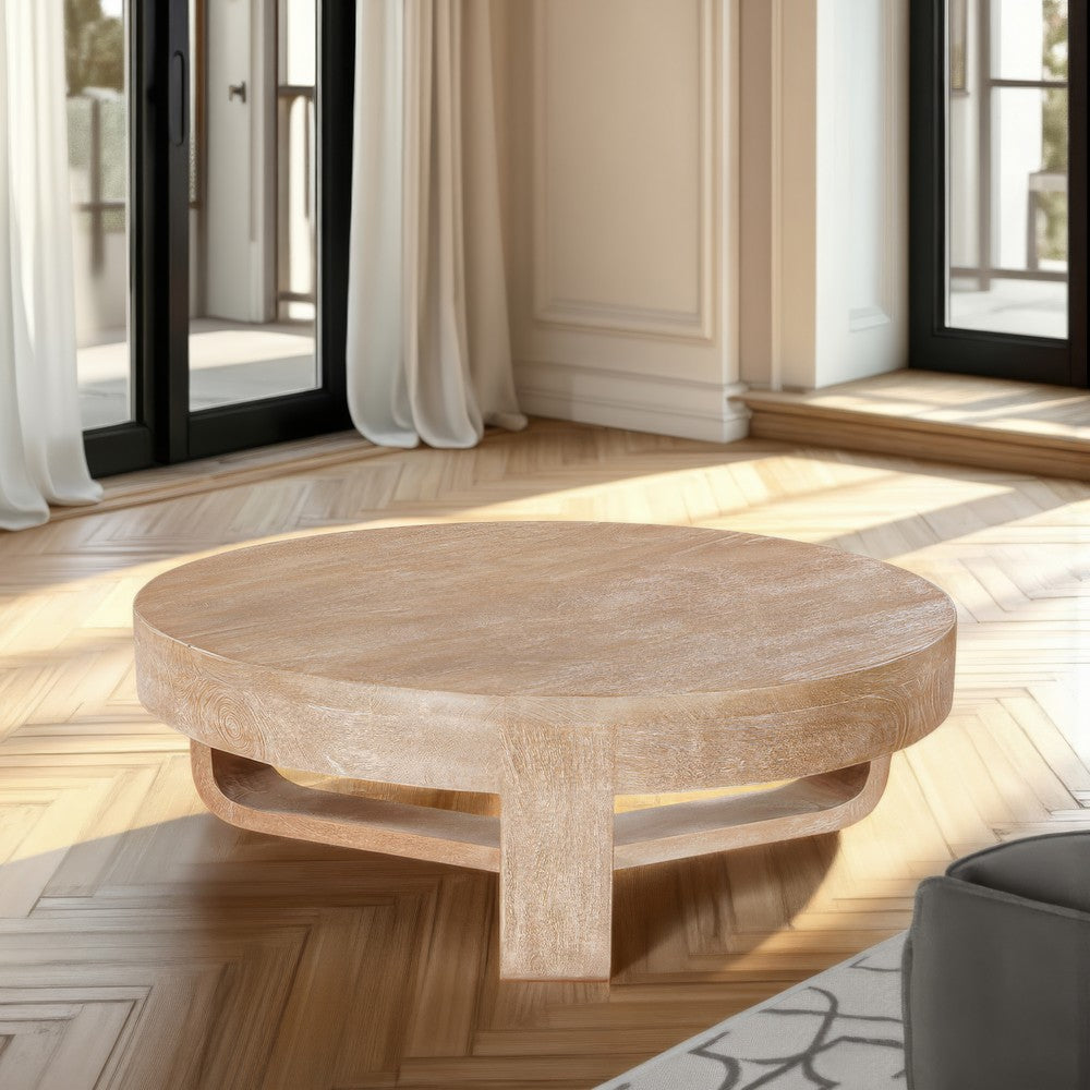 The Urban Port Milan Coffee Table, 32 Inch Round Top, Mango Wood with Sandblasted Natural Brown, Open Sled Base