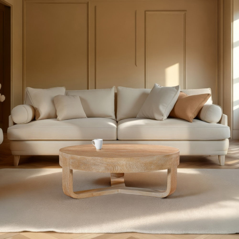 The Urban Port Milan Coffee Table, 32 Inch Round Top, Mango Wood with Sandblasted Natural Brown, Open Sled Base