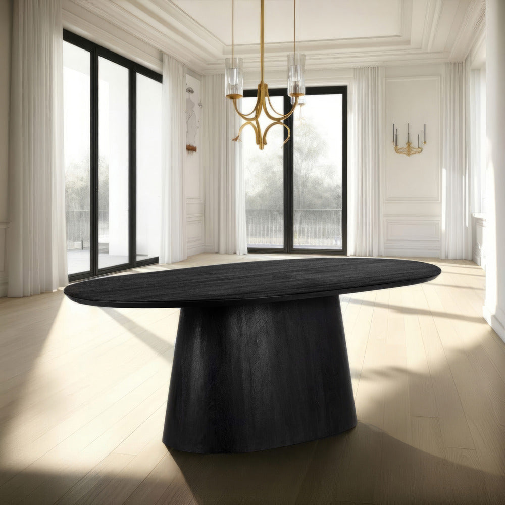 The Urban Port Jano Dining Table, 79 Inch Oblong Top with Tapered Pedestal Base, Sandblasted Black Mango Wood