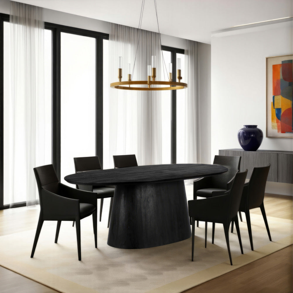 The Urban Port Jano Dining Table, 79 Inch Oblong Top with Tapered Pedestal Base, Sandblasted Black Mango Wood