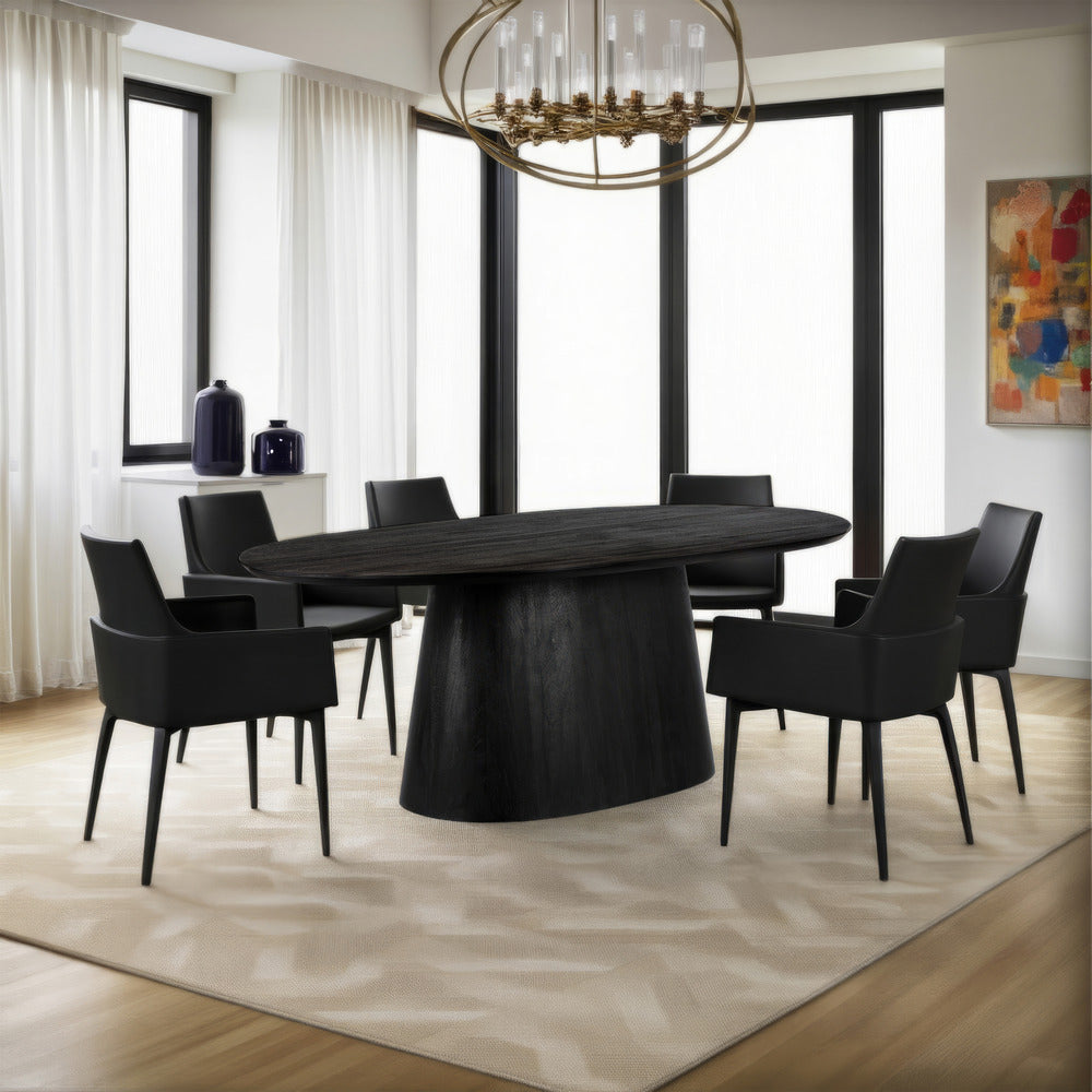 The Urban Port Jano Dining Table, 79 Inch Oblong Top with Tapered Pedestal Base, Sandblasted Black Mango Wood