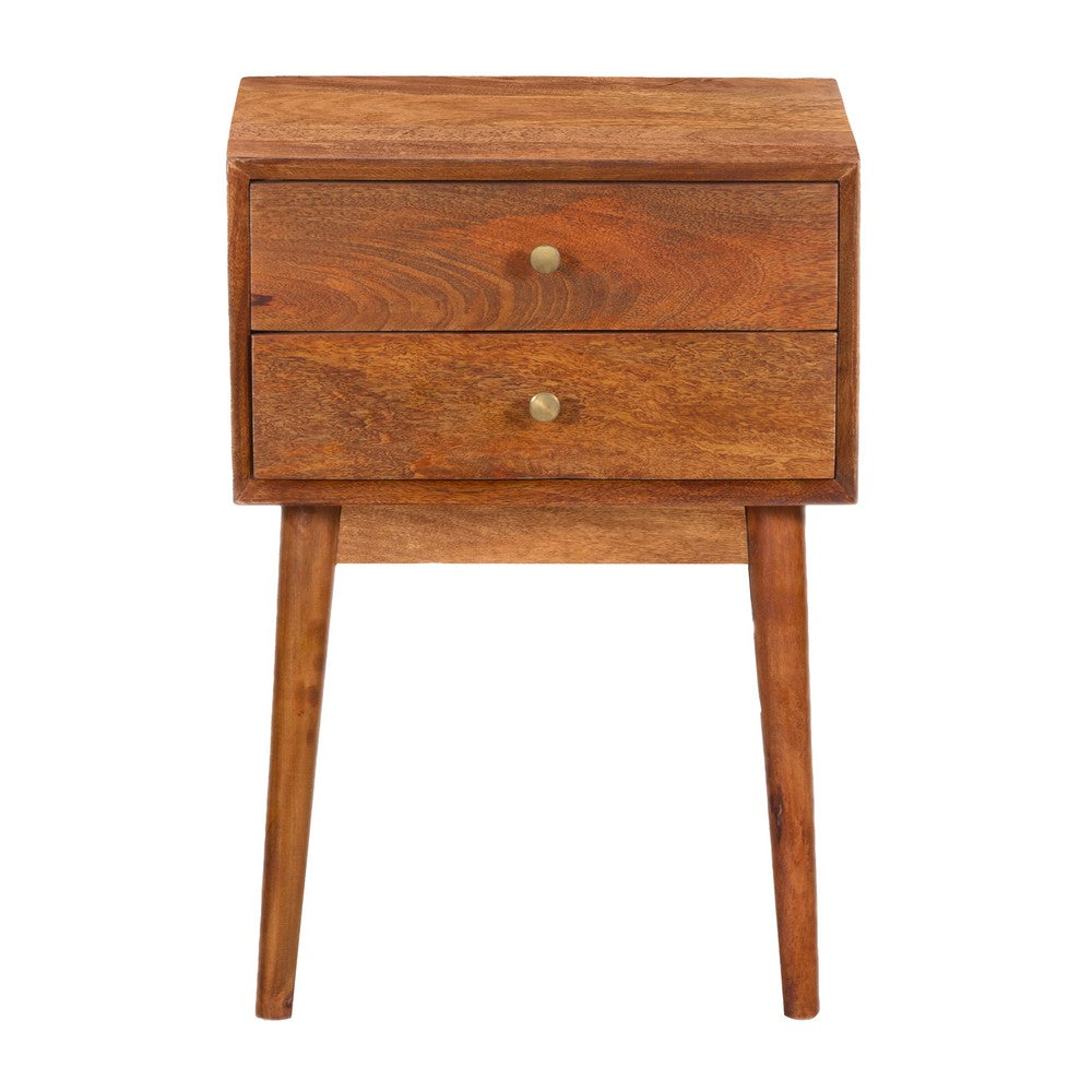 The Urban Port Nali Bedside Nightstand Table, 2 Drawers, Natural Brown Mango Wood, Brass Knobs