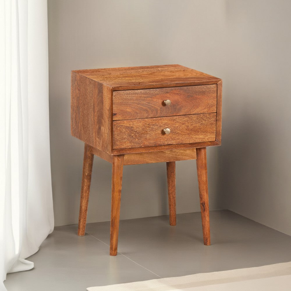 The Urban Port Nali Bedside Nightstand Table, 2 Drawers, Natural Brown Mango Wood, Brass Knobs