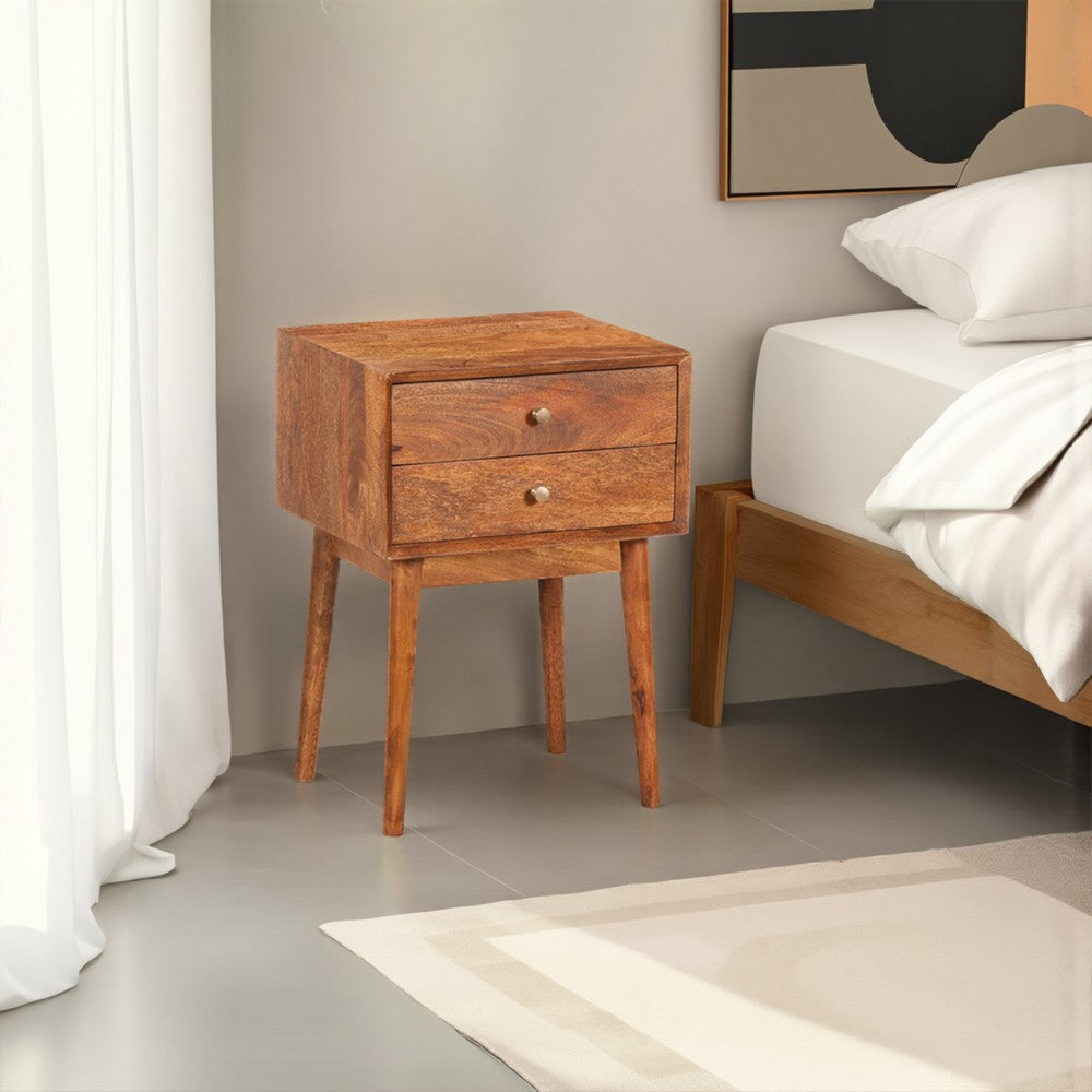 The Urban Port Nali Bedside Nightstand Table, 2 Drawers, Natural Brown Mango Wood, Brass Knobs