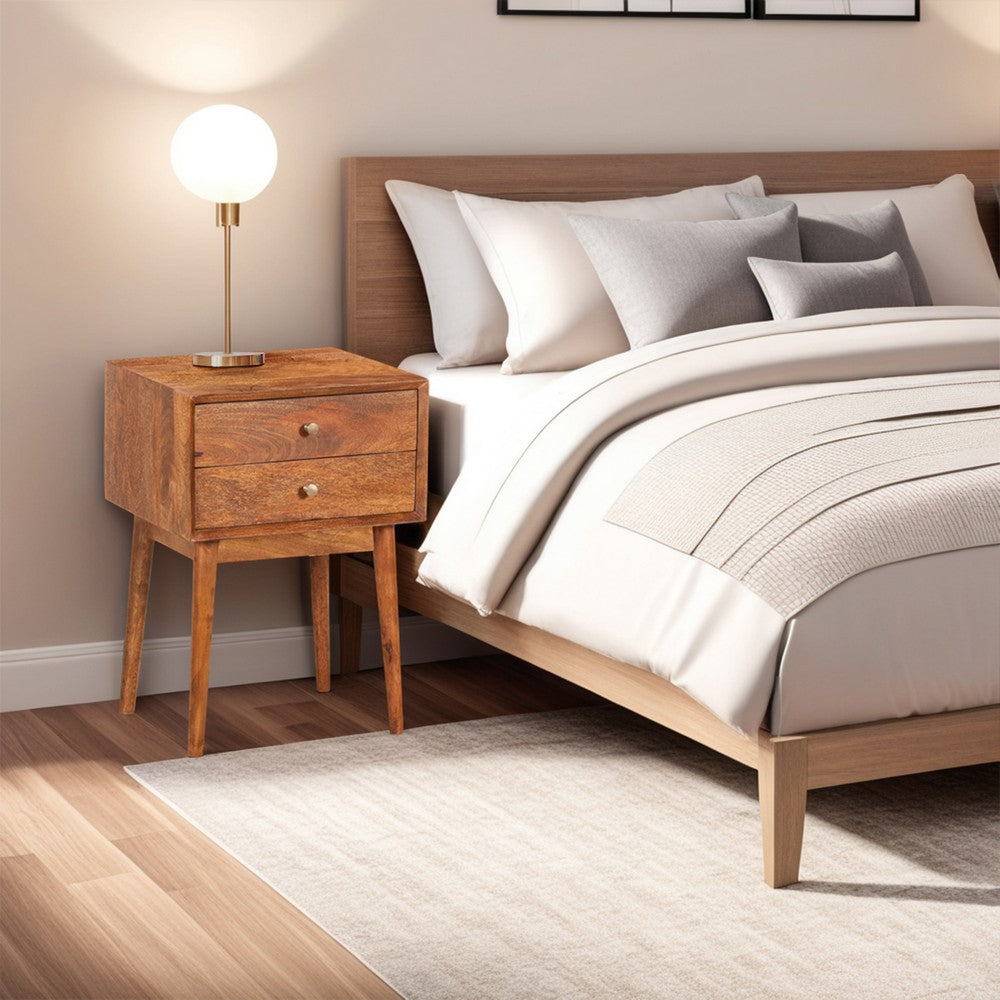 The Urban Port Nali Bedside Nightstand Table, 2 Drawers, Natural Brown Mango Wood, Brass Knobs