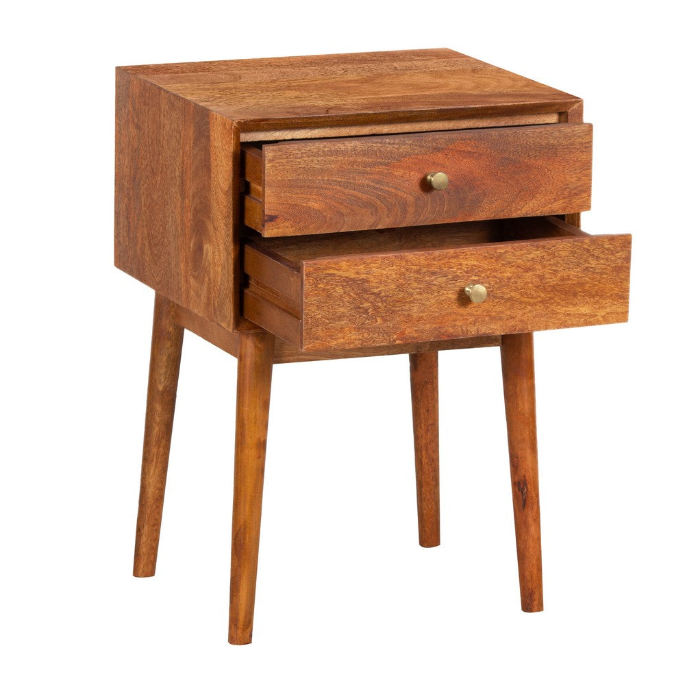 The Urban Port Nali Bedside Nightstand Table, 2 Drawers, Natural Brown Mango Wood, Brass Knobs