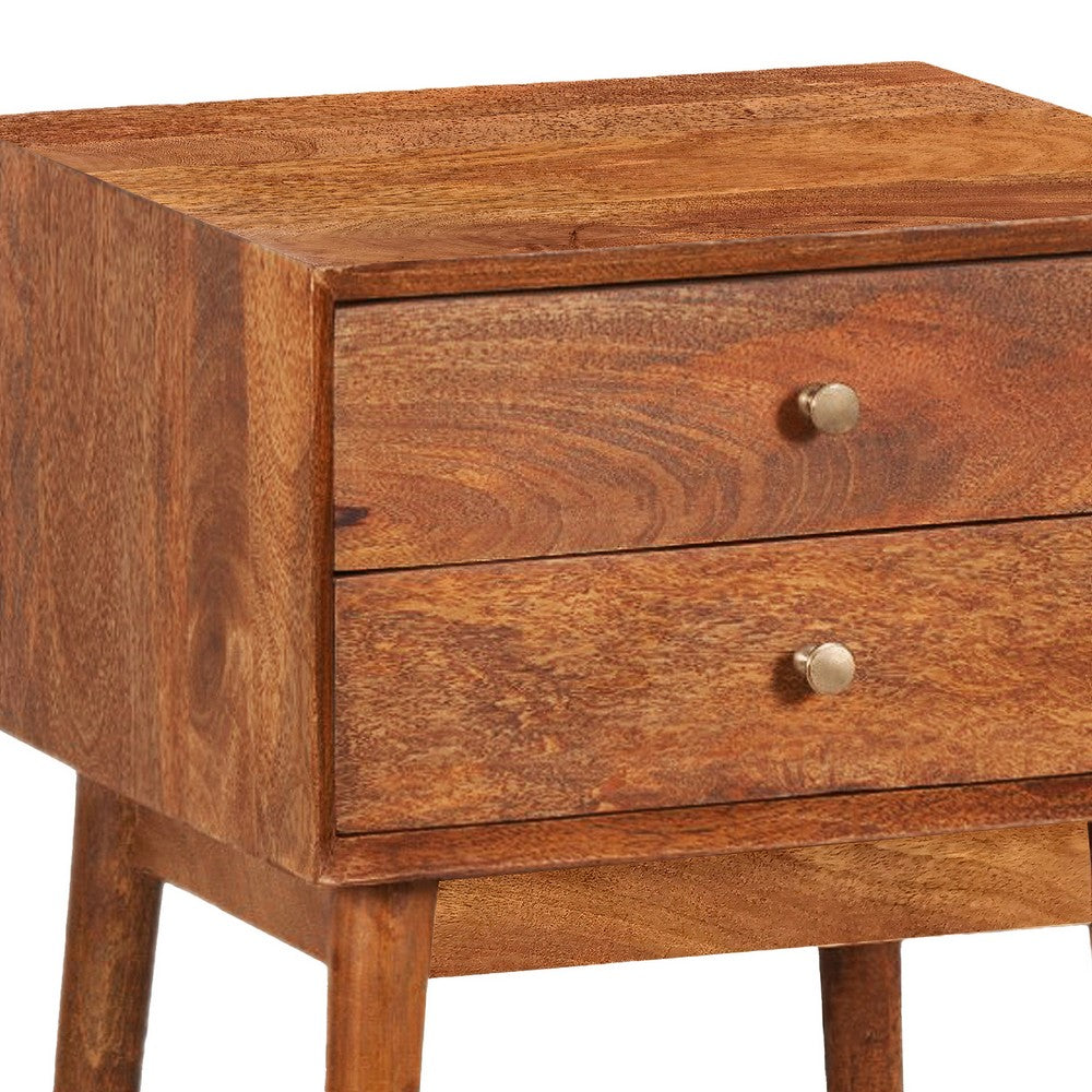 The Urban Port Nali Bedside Nightstand Table, 2 Drawers, Natural Brown Mango Wood, Brass Knobs