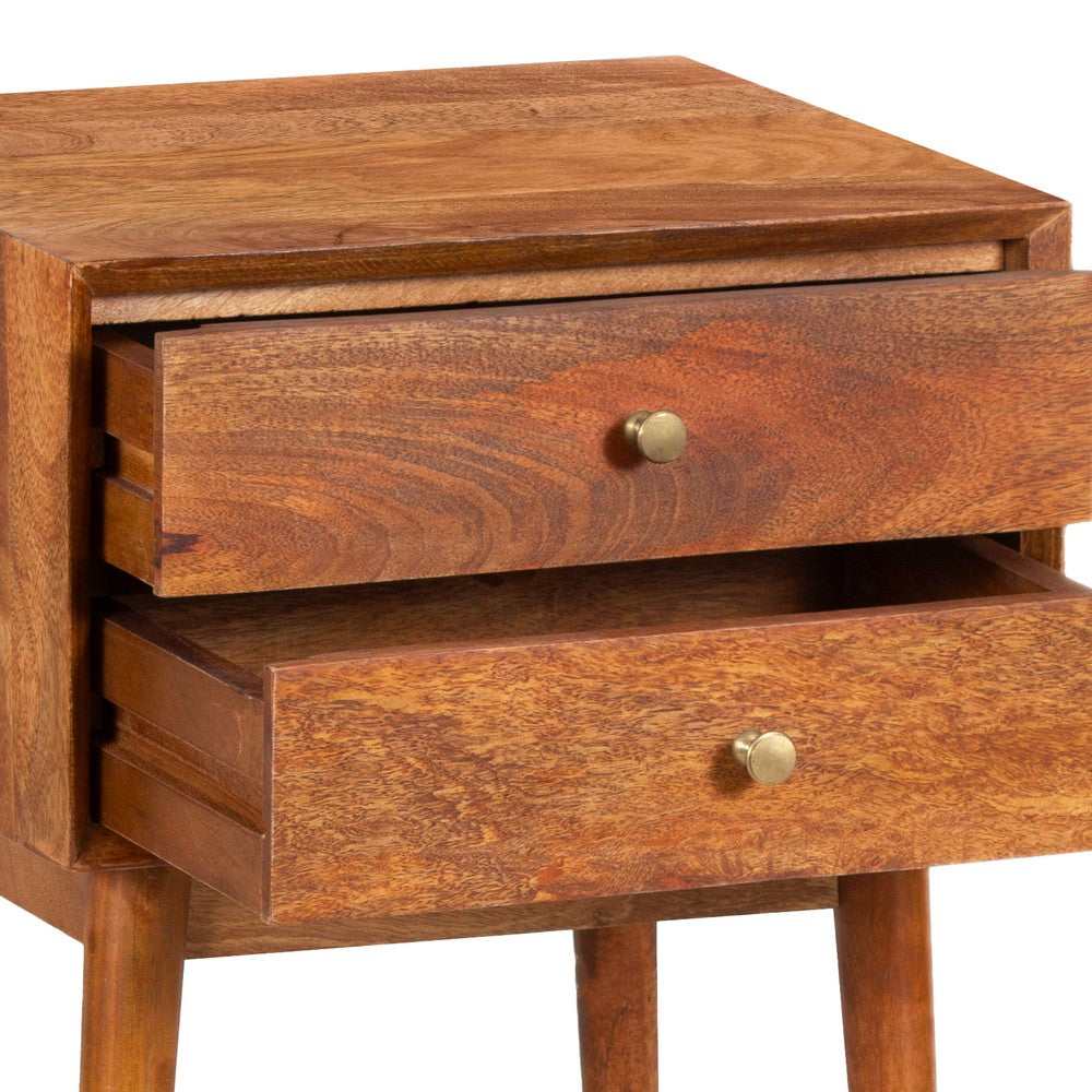 The Urban Port Nali Bedside Nightstand Table, 2 Drawers, Natural Brown Mango Wood, Brass Knobs