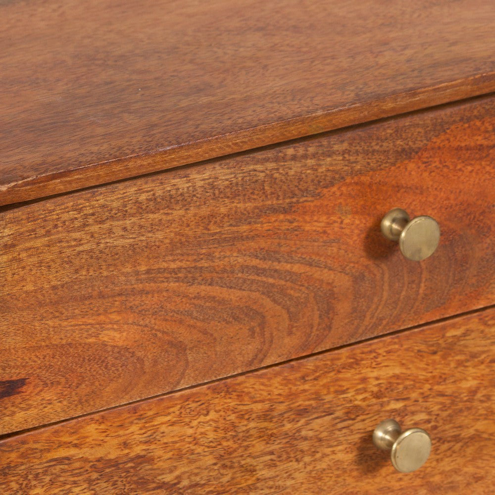 The Urban Port Nali Bedside Nightstand Table, 2 Drawers, Natural Brown Mango Wood, Brass Knobs
