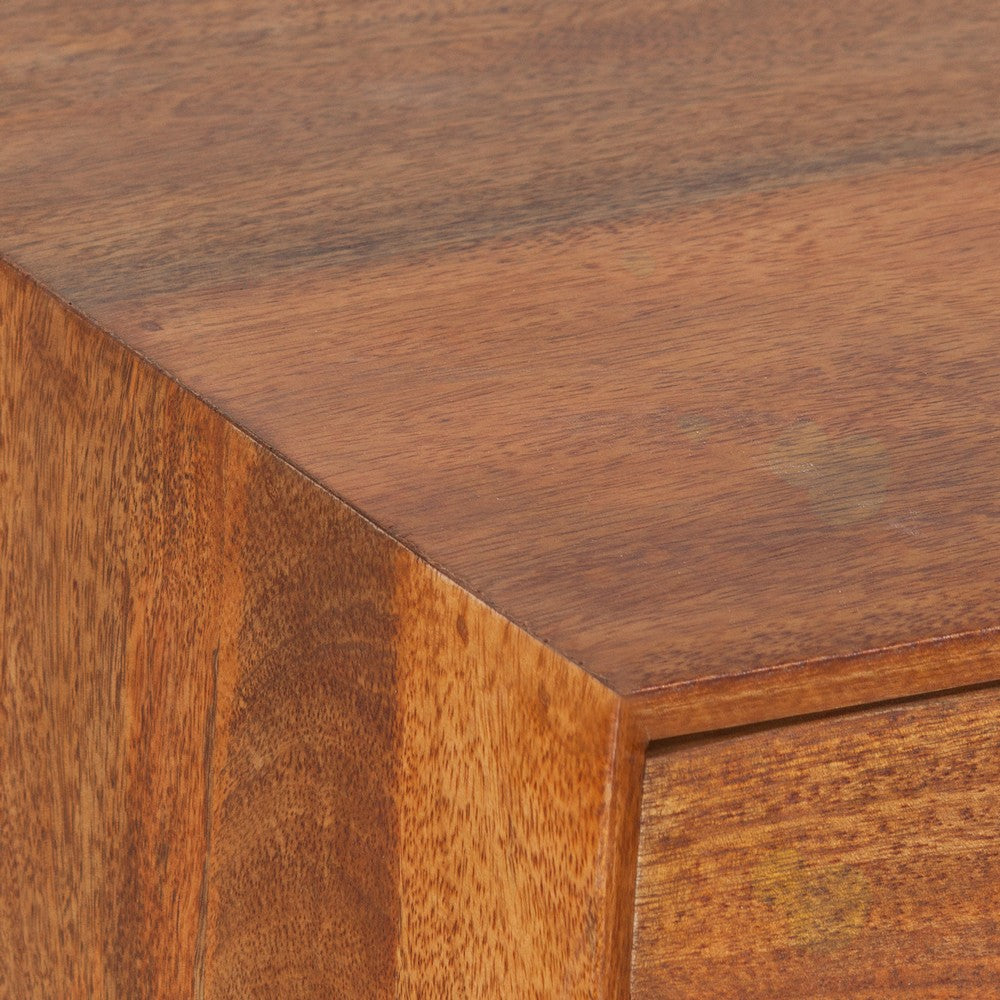 The Urban Port Nali Bedside Nightstand Table, 2 Drawers, Natural Brown Mango Wood, Brass Knobs