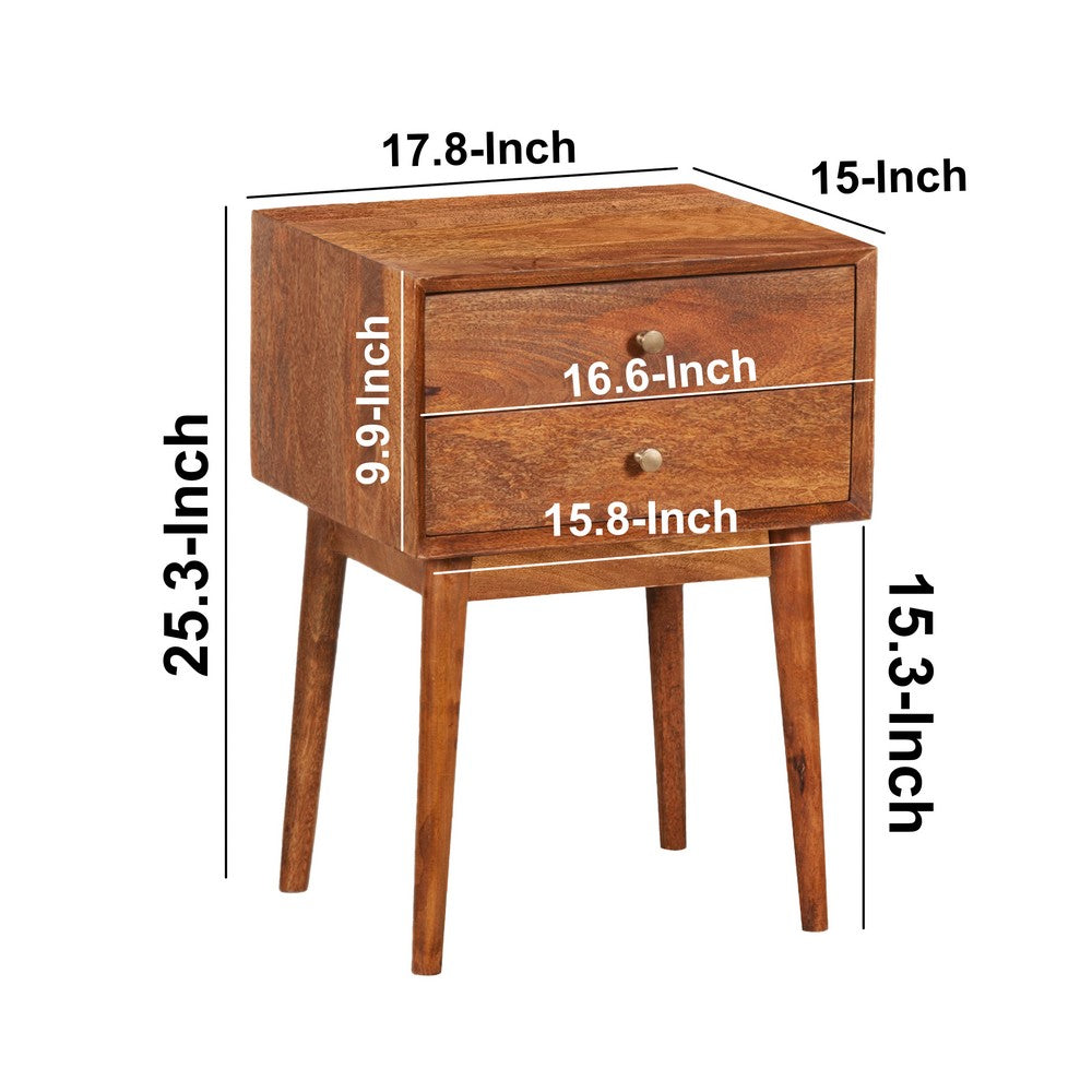 The Urban Port Nali Bedside Nightstand Table, 2 Drawers, Natural Brown Mango Wood, Brass Knobs