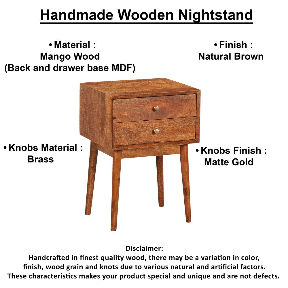 The Urban Port Nali Bedside Nightstand Table, 2 Drawers, Natural Brown Mango Wood, Brass Knobs