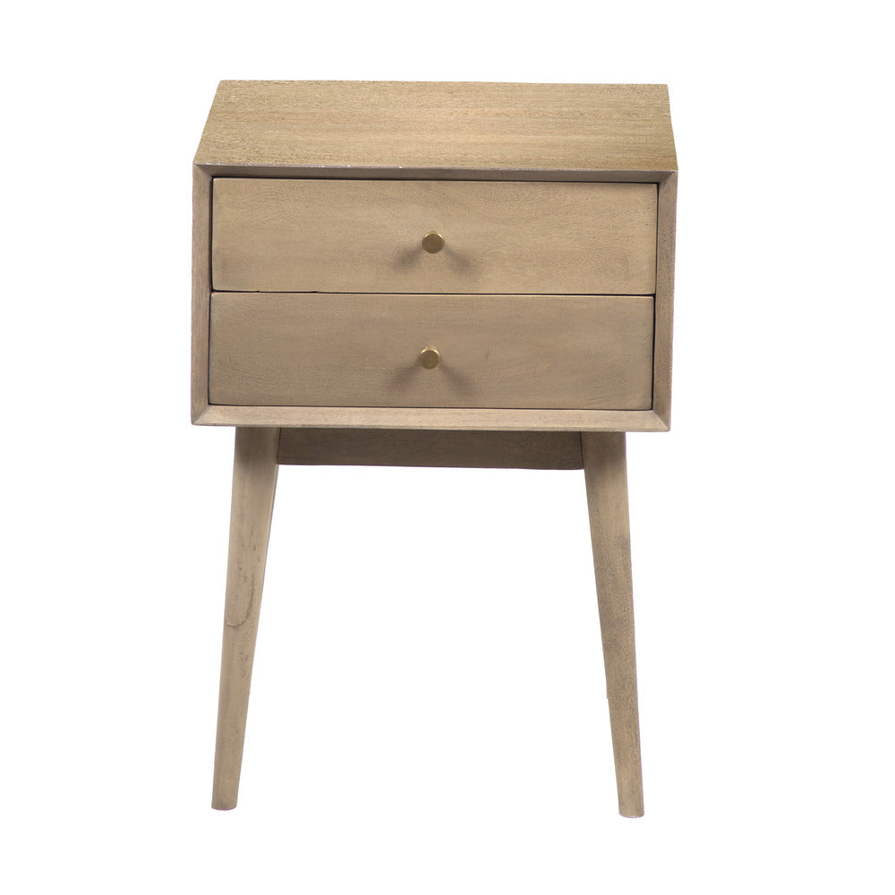 The Urban Port Nali Bedside Nightstand Table, 2 Drawers, Sandblasted Washed Ash White Mango Wood, Brass Knobs