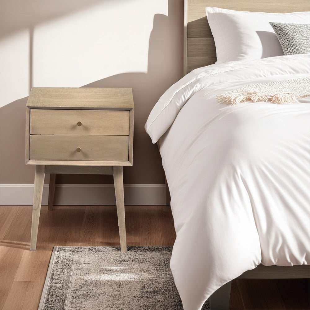 The Urban Port Nali Bedside Nightstand Table, 2 Drawers, Sandblasted Washed Ash White Mango Wood, Brass Knobs