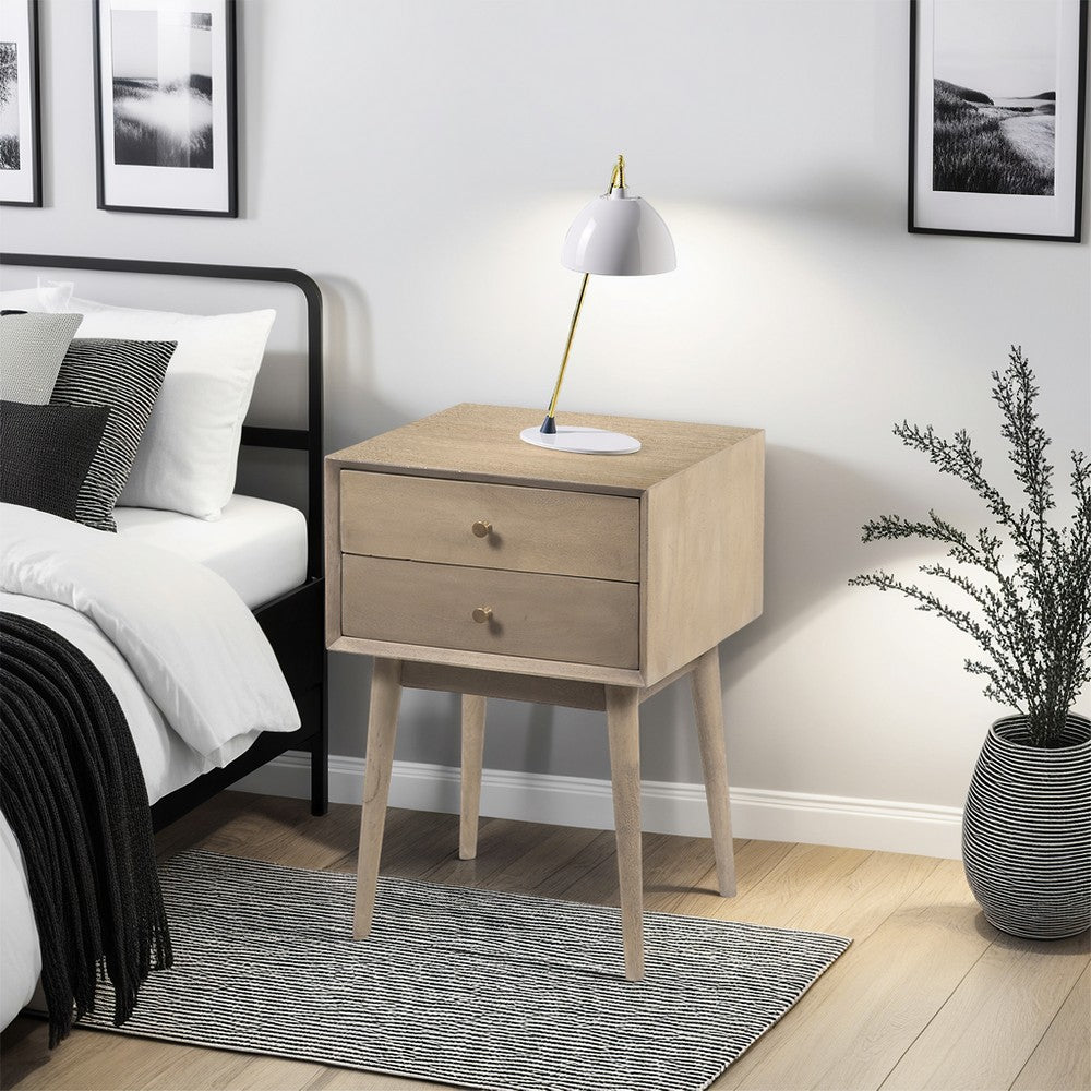 The Urban Port Nali Bedside Nightstand Table, 2 Drawers, Sandblasted Washed Ash White Mango Wood, Brass Knobs