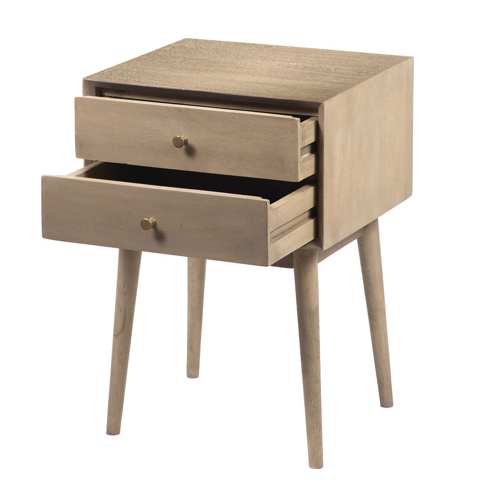 The Urban Port Nali Bedside Nightstand Table, 2 Drawers, Sandblasted Washed Ash White Mango Wood, Brass Knobs