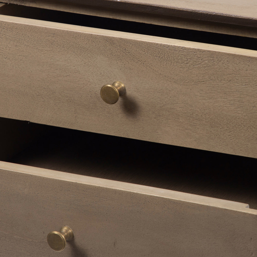 The Urban Port Nali Bedside Nightstand Table, 2 Drawers, Sandblasted Washed Ash White Mango Wood, Brass Knobs
