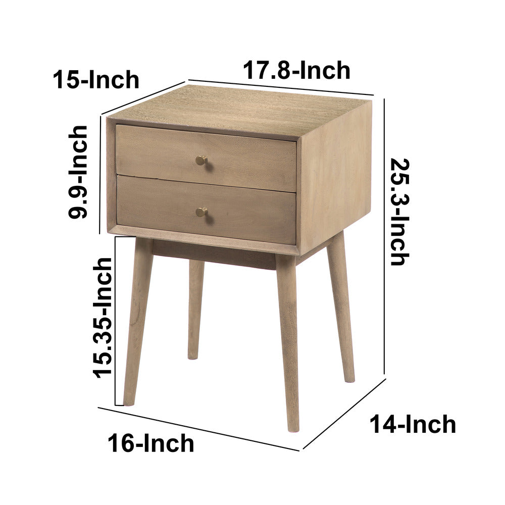 The Urban Port Nali Bedside Nightstand Table, 2 Drawers, Sandblasted Washed Ash White Mango Wood, Brass Knobs