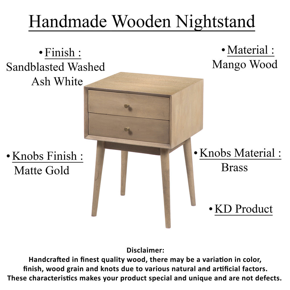 The Urban Port Nali Bedside Nightstand Table, 2 Drawers, Sandblasted Washed Ash White Mango Wood, Brass Knobs