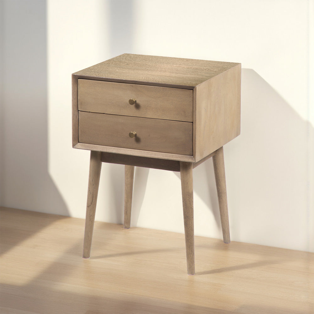 The Urban Port Nali Bedside Nightstand Table, 2 Drawers, Sandblasted Washed Ash White Mango Wood, Brass Knobs
