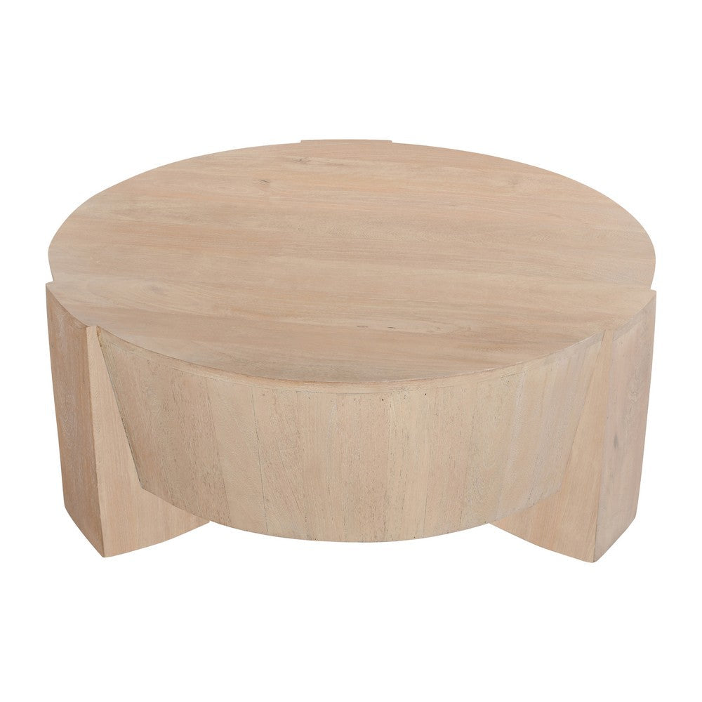The Urban Port Joana Coffee Table, 35 Inch Round Drum Shape with 3 Legs, Sandblasted Natural Brown Mango Wood