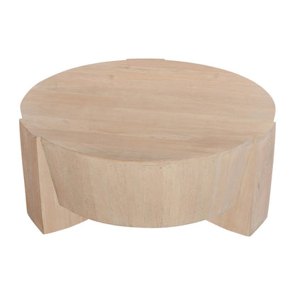The Urban Port Joana Coffee Table, 35 Inch Round Drum Shape with 3 Legs, Sandblasted Natural Brown Mango Wood