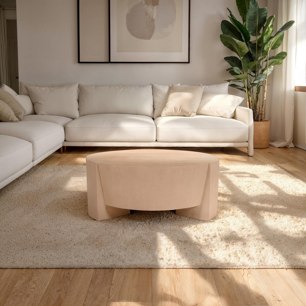 The Urban Port Joana Coffee Table, 35 Inch Round Drum Shape with 3 Legs, Sandblasted Natural Brown Mango Wood
