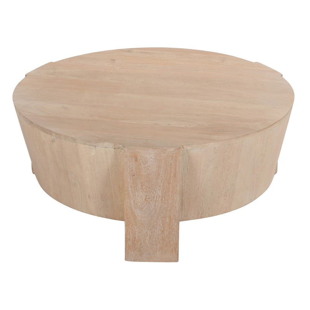 The Urban Port Joana Coffee Table, 35 Inch Round Drum Shape with 3 Legs, Sandblasted Natural Brown Mango Wood