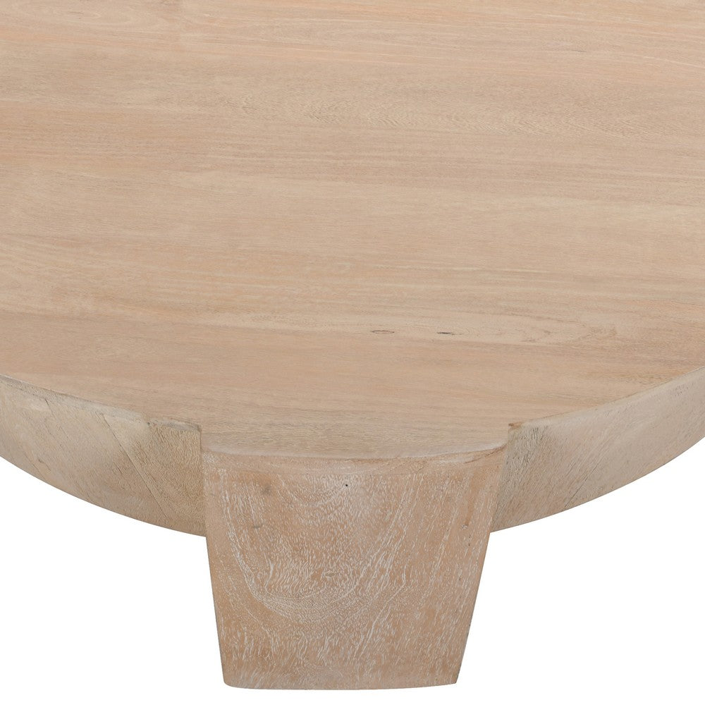 The Urban Port Joana Coffee Table, 35 Inch Round Drum Shape with 3 Legs, Sandblasted Natural Brown Mango Wood