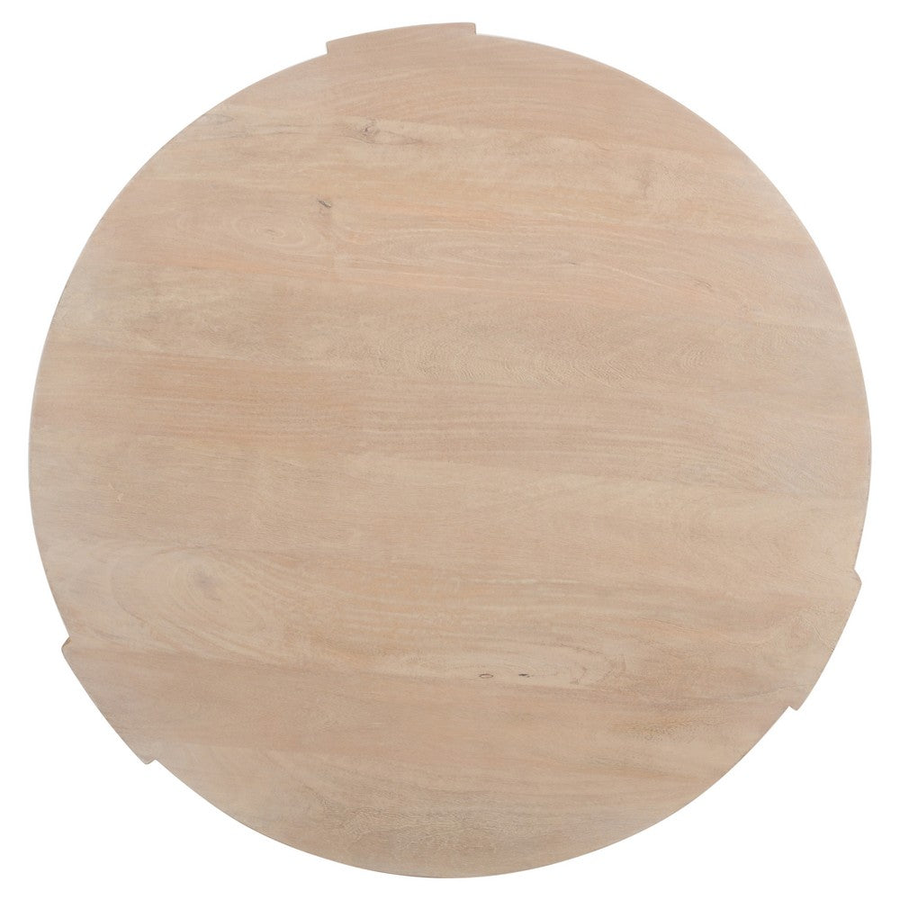 The Urban Port Joana Coffee Table, 35 Inch Round Drum Shape with 3 Legs, Sandblasted Natural Brown Mango Wood