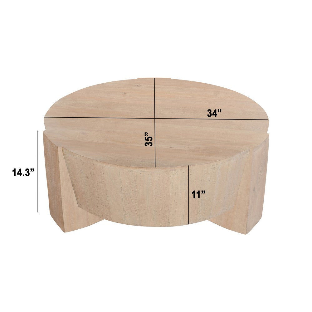 The Urban Port Joana Coffee Table, 35 Inch Round Drum Shape with 3 Legs, Sandblasted Natural Brown Mango Wood