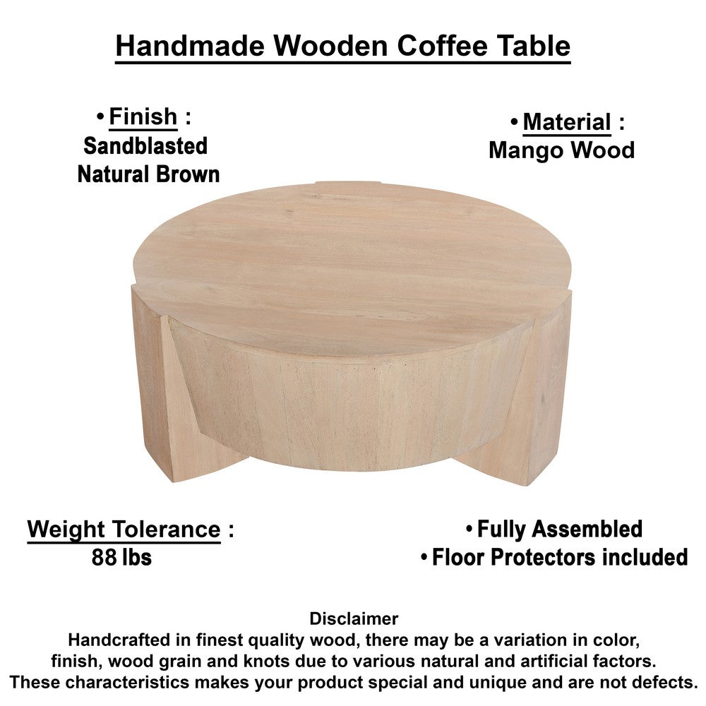 The Urban Port Joana Coffee Table, 35 Inch Round Drum Shape with 3 Legs, Sandblasted Natural Brown Mango Wood