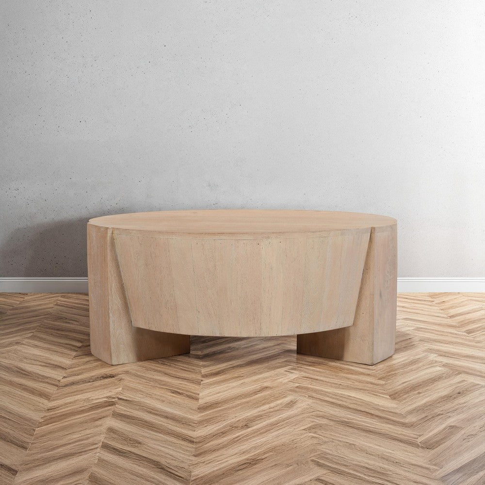 The Urban Port Joana Coffee Table, 35 Inch Round Drum Shape with 3 Legs, Sandblasted Natural Brown Mango Wood