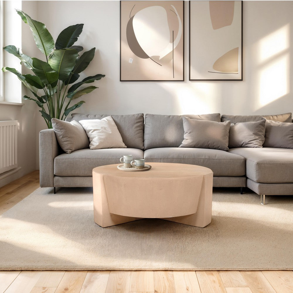 The Urban Port Joana Coffee Table, 35 Inch Round Drum Shape with 3 Legs, Sandblasted Natural Brown Mango Wood