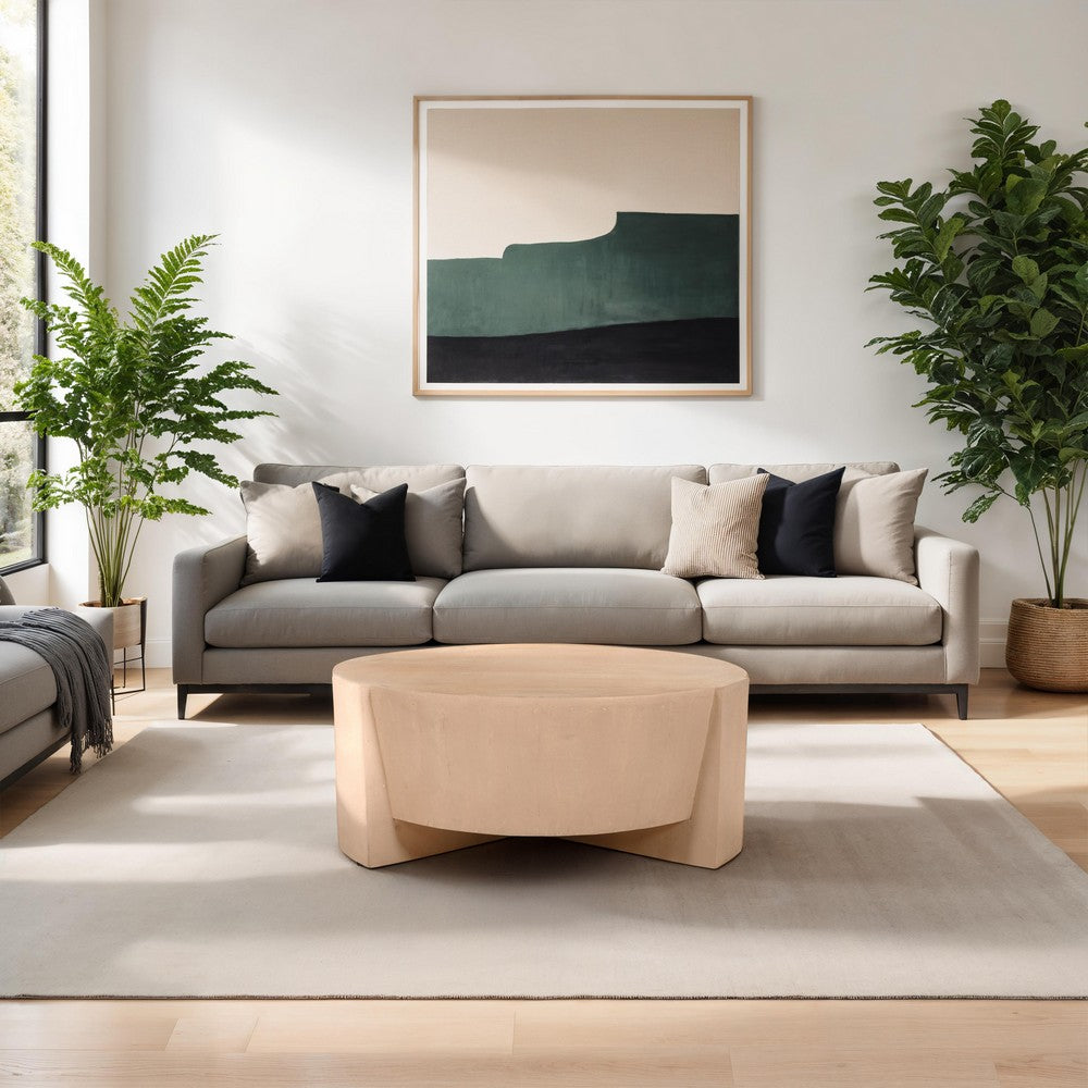 The Urban Port Joana Coffee Table, 35 Inch Round Drum Shape with 3 Legs, Sandblasted Natural Brown Mango Wood