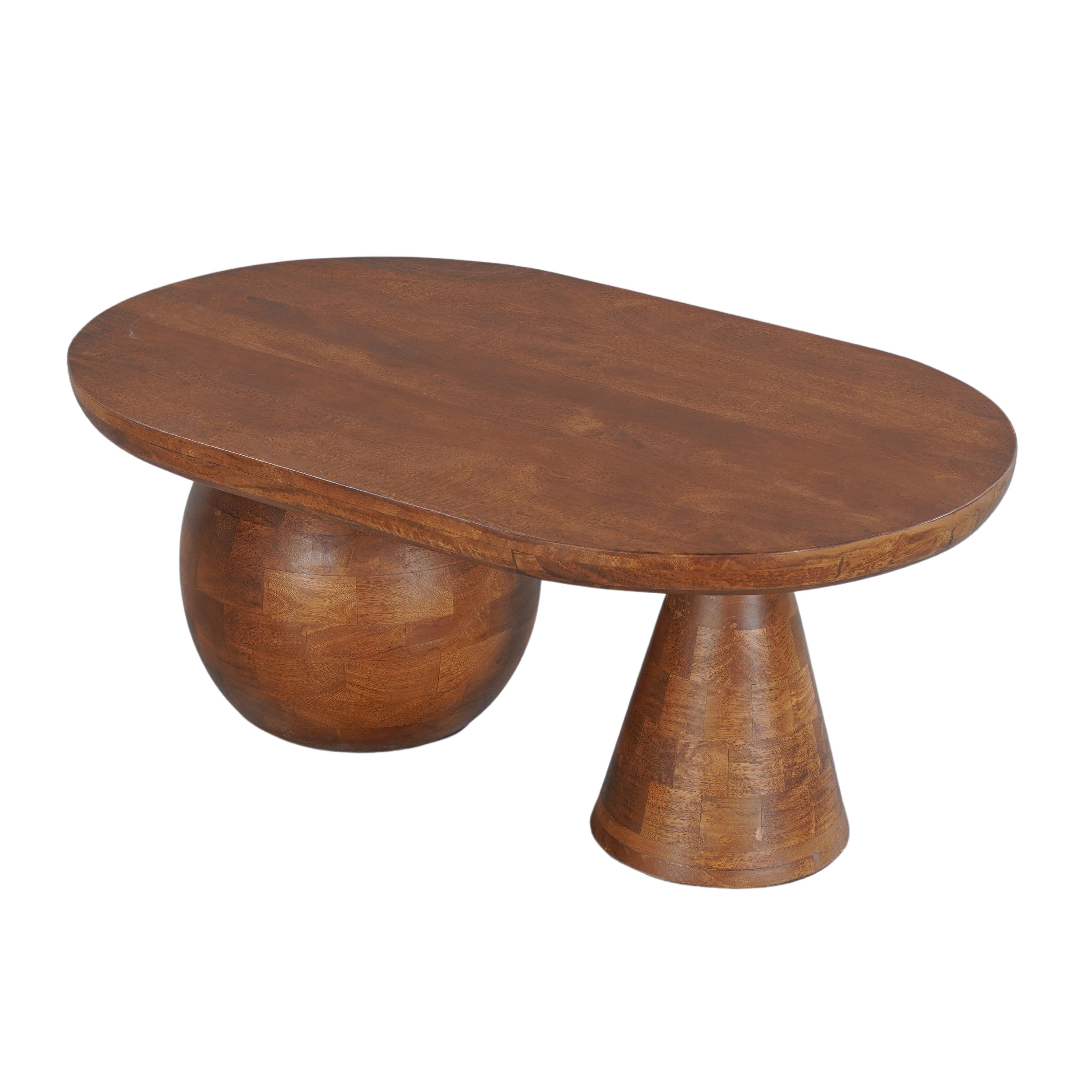 The Urban Port Leeds Coffee Table | 38" Handmade Walnut Brown Mango Wood Oval Top | Round Ball And Cone Base