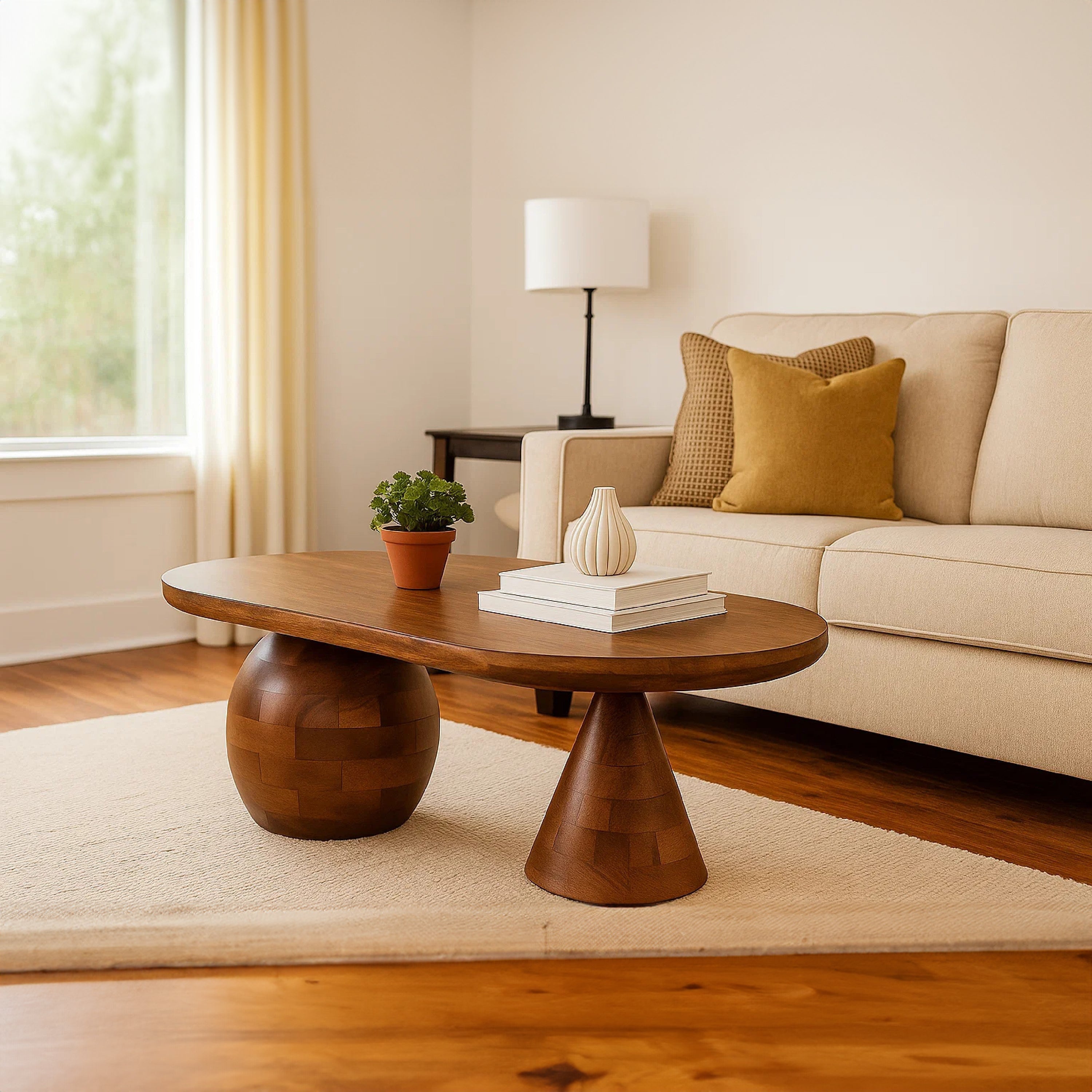 The Urban Port Leeds Coffee Table | 38" Handmade Walnut Brown Mango Wood Oval Top | Round Ball And Cone Base